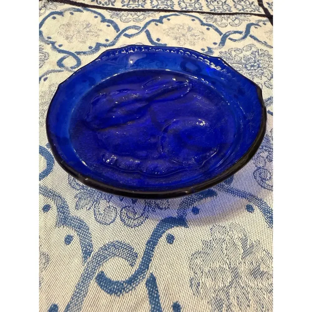 Vintage Cobalt Blue Glass Rabbit Bunny Dish Plate Pressed Glass 4.5”